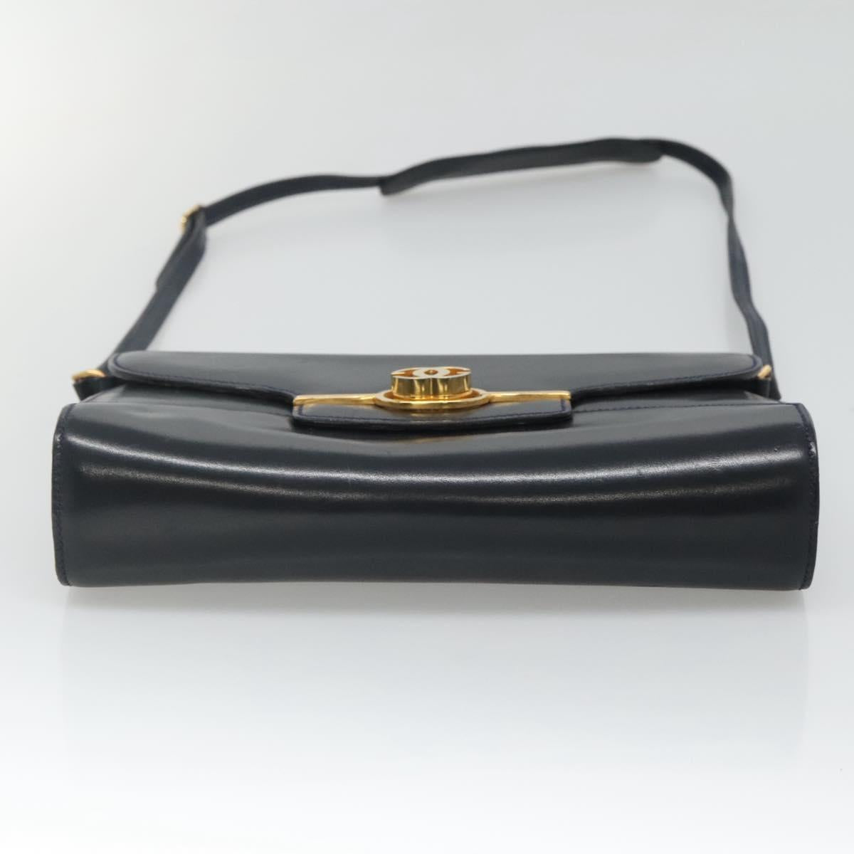 GUCCI Shoulder Bag Leather Navy Gold Auth 136145