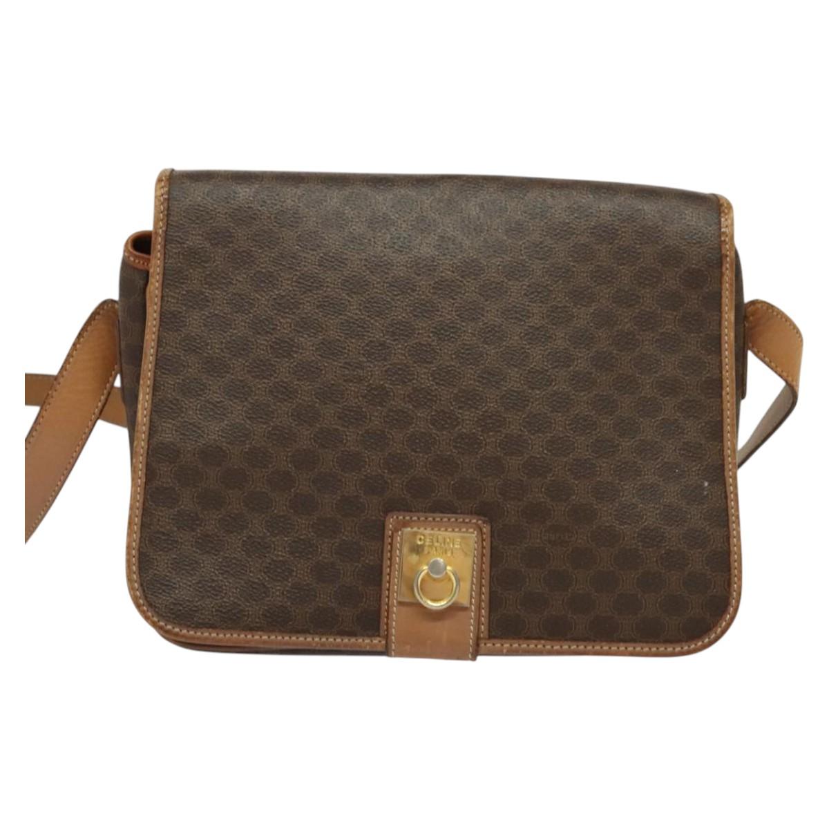 CELINE Macadam Canvas Shoulder Bag PVC Leather Brown Gold Auth 136153