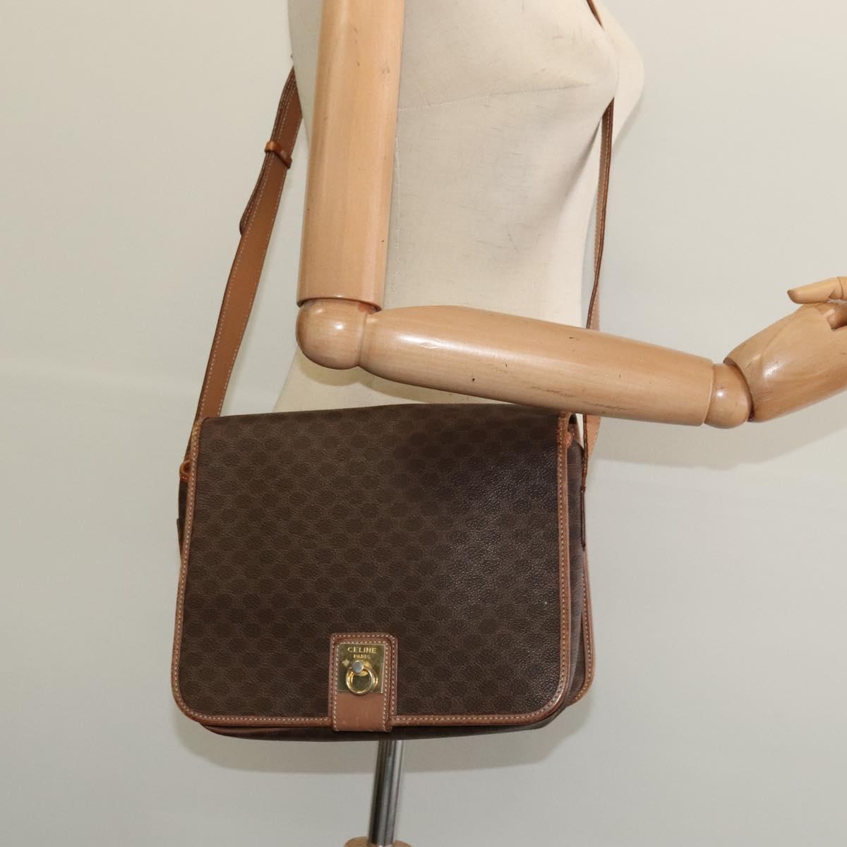 CELINE Macadam Canvas Shoulder Bag PVC Leather Brown Gold Auth 136153