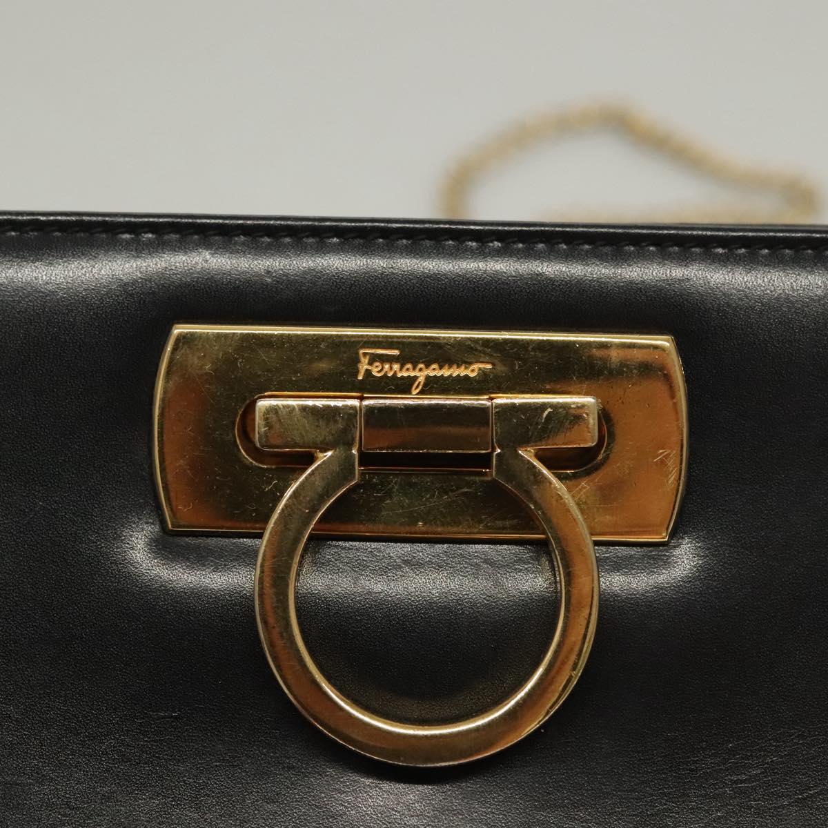 Salvatore Ferragamo Chain Shoulder Bag Leather Black Gold Auth 136157