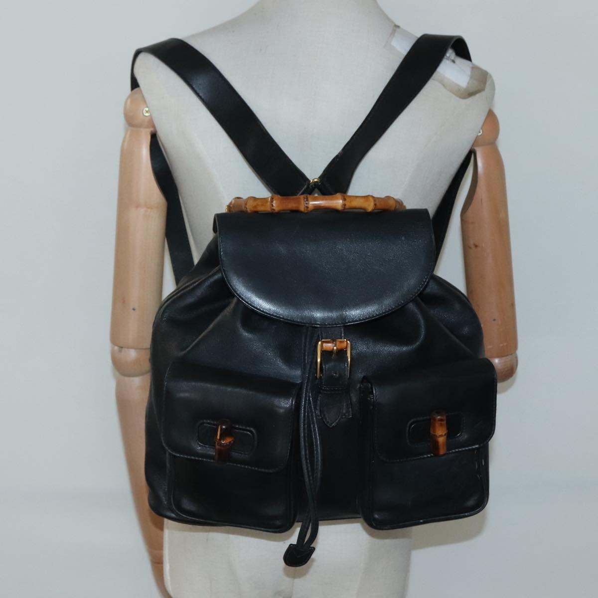 GUCCI Bamboo Backpack Leather Black Gold 003 2058 0016 Auth 136184