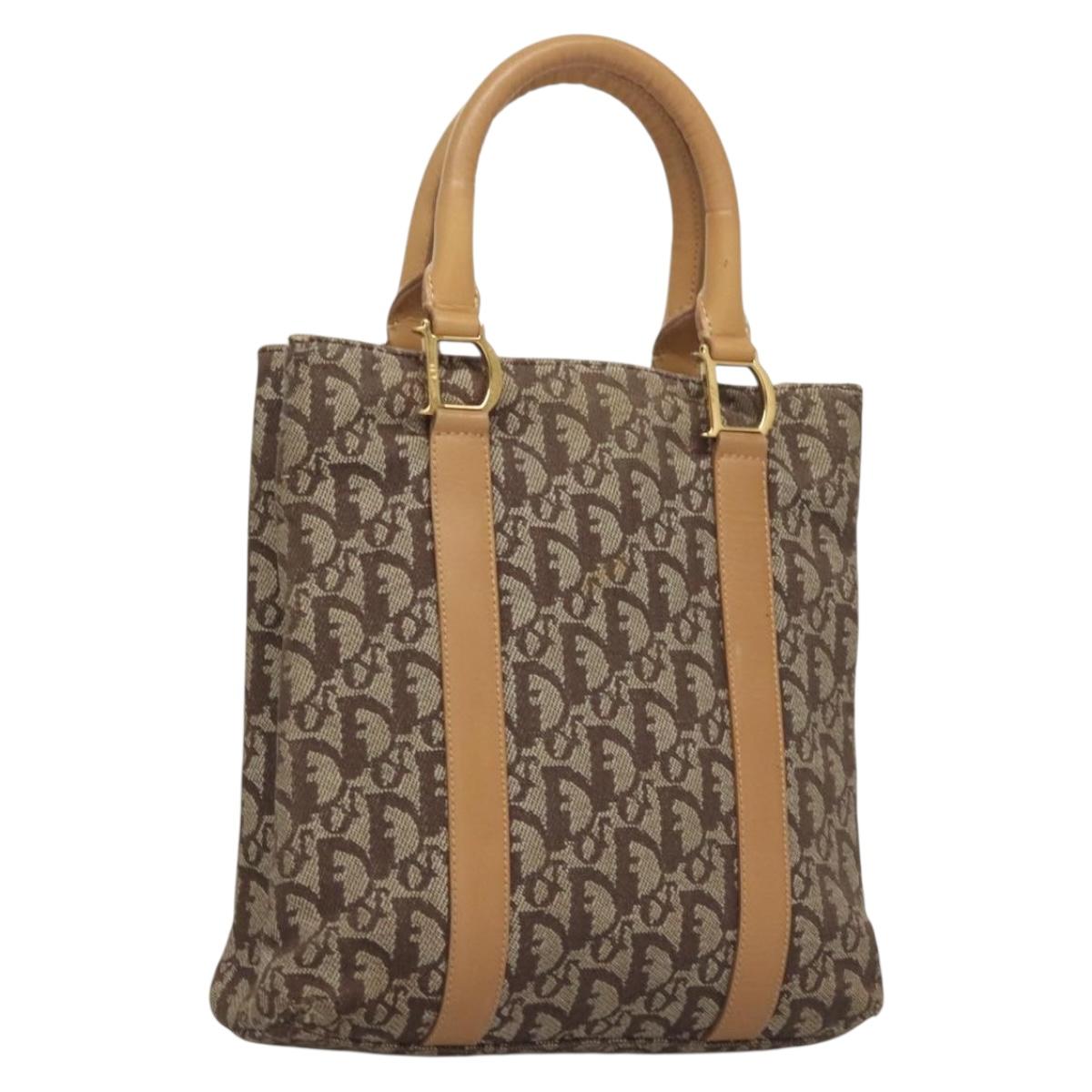 Christian Dior Trotter Canvas Hand Bag Brown Gold Auth 136188