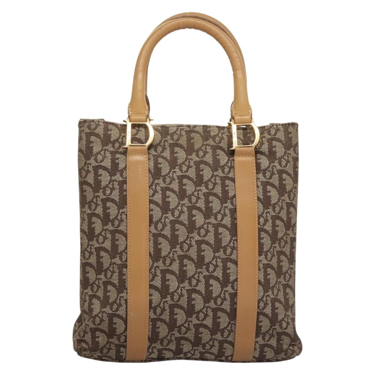 Christian Dior Trotter Canvas Hand Bag Brown Gold Auth 136188