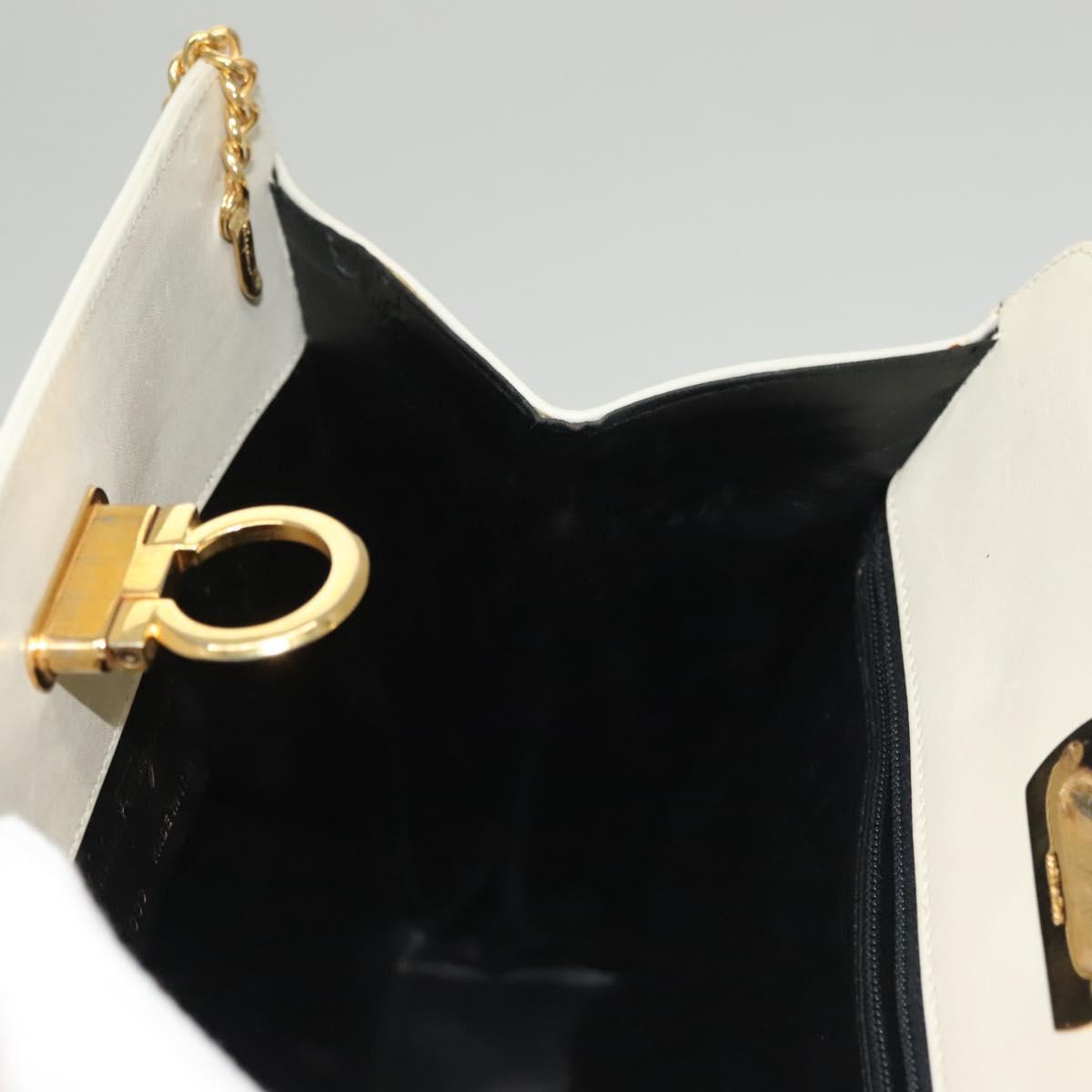 Salvatore Ferragamo Chain Gancini Shoulder Bag Leather White Gold Auth 136190