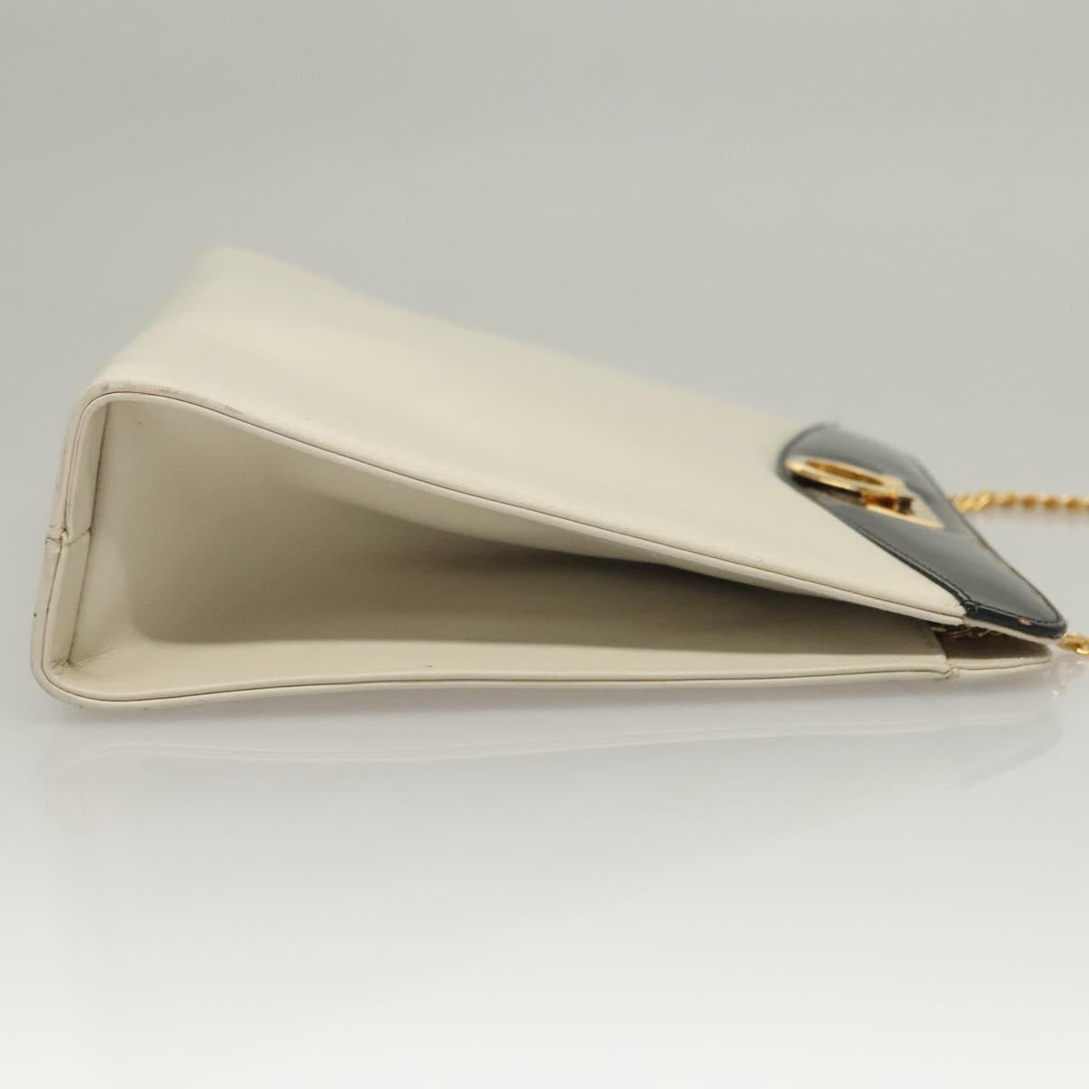 Salvatore Ferragamo Chain Gancini Shoulder Bag Leather White Gold Auth 136190