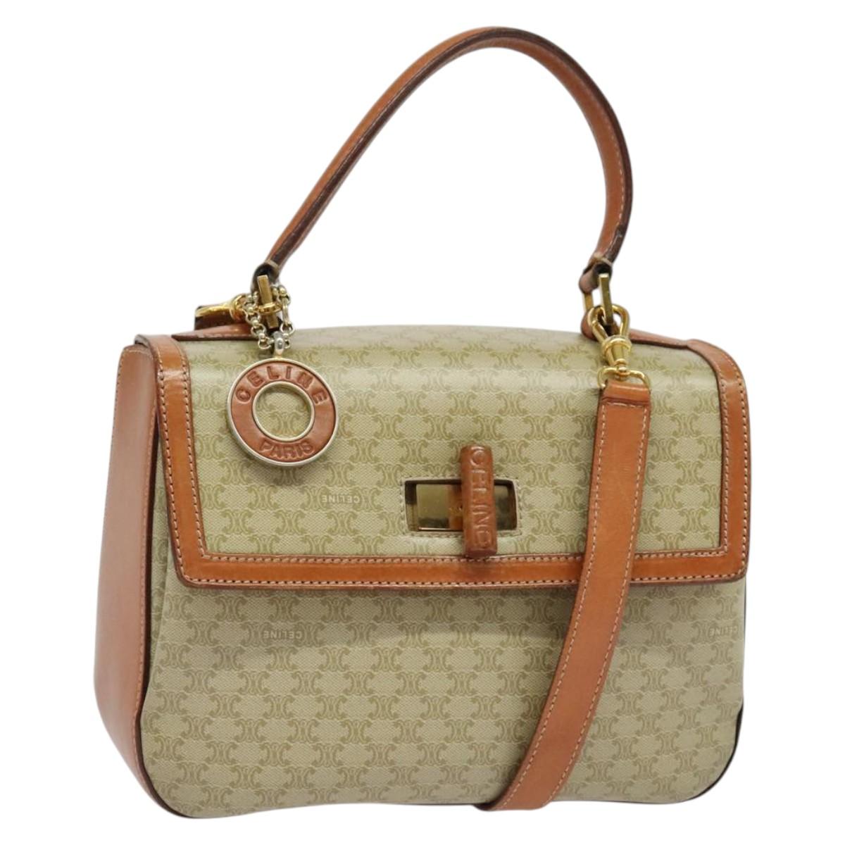 CELINE Macadam Canvas Hand Bag PVC 2way Beige Gold Auth 136202