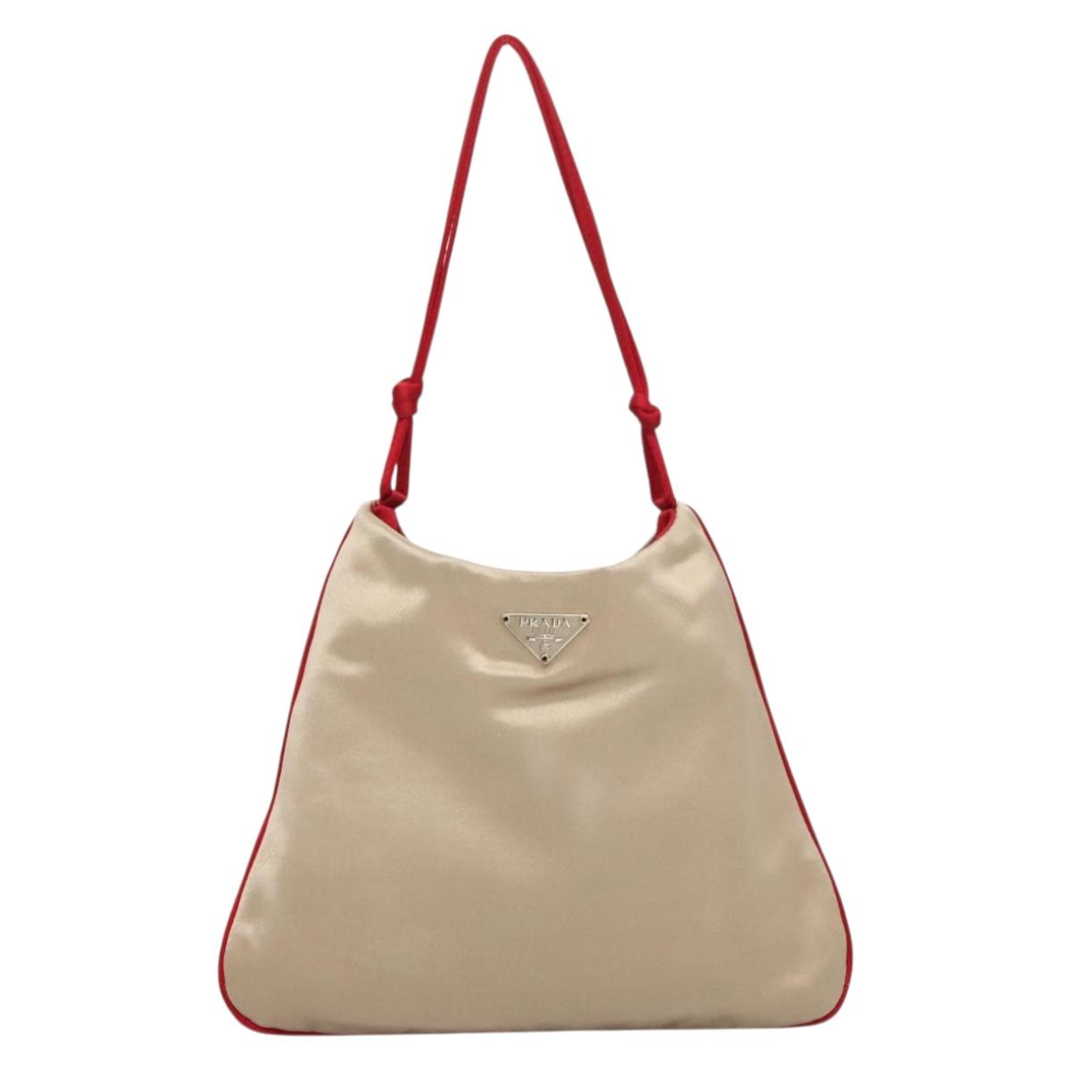 PRADA Hand Bag Satin Beige Auth 136267