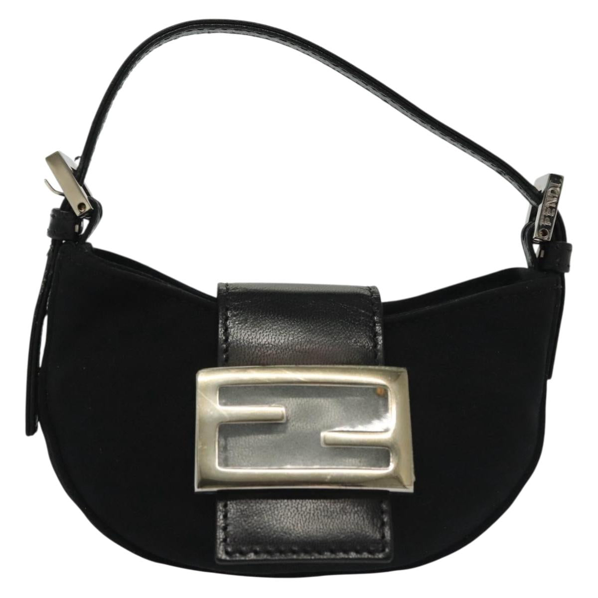 FENDI Mini Croissant Hand Bag Nylon Black Silver Auth 136308
