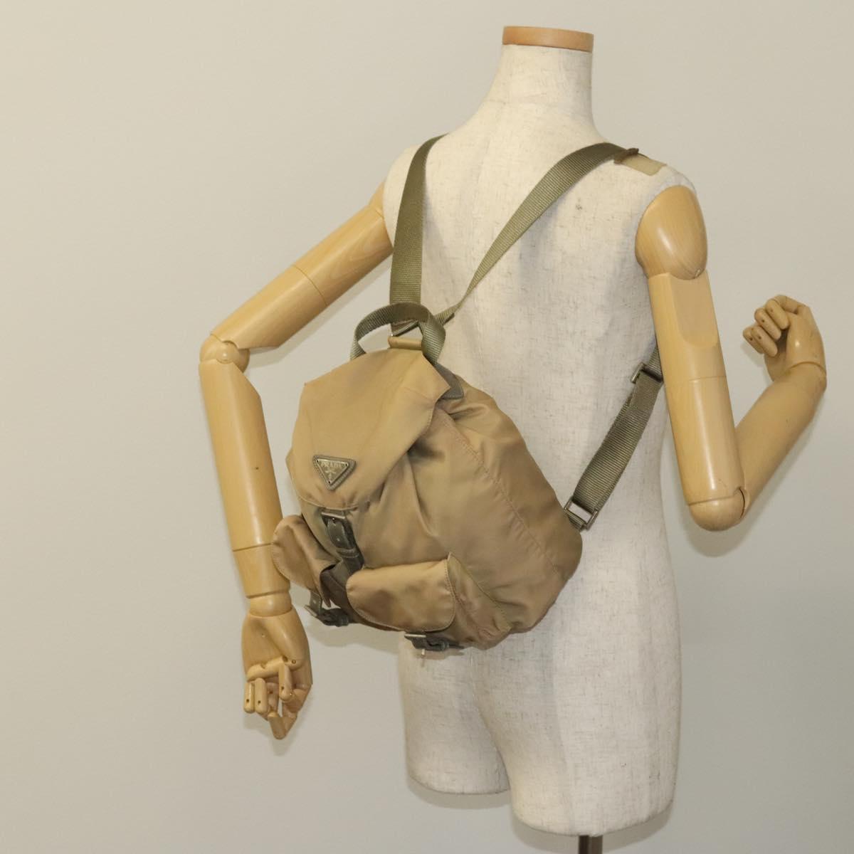 PRADA Backpack Nylon Beige Silver Auth 136445