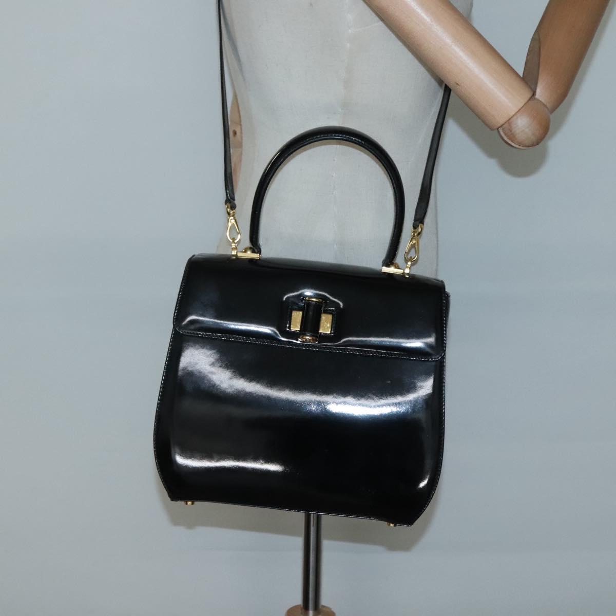 Salvatore Ferragamo Gancini Hand Bag Patent leather 2way Black Gold Auth 136446