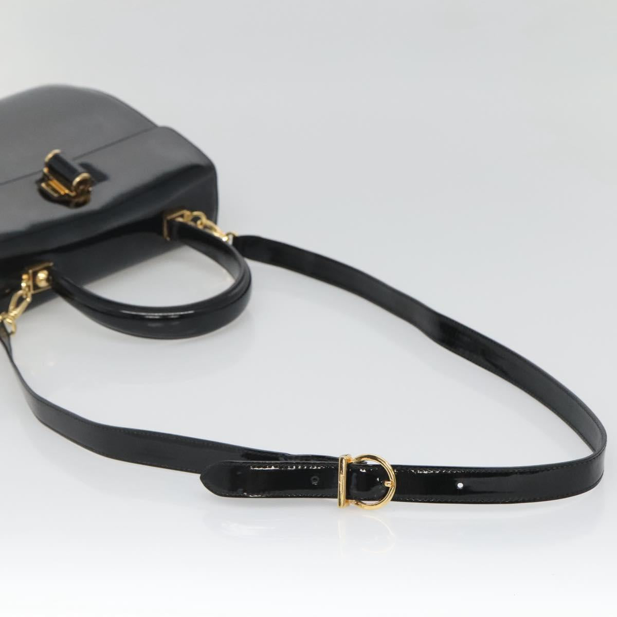 Salvatore Ferragamo Gancini Hand Bag Patent leather 2way Black Gold Auth 136446