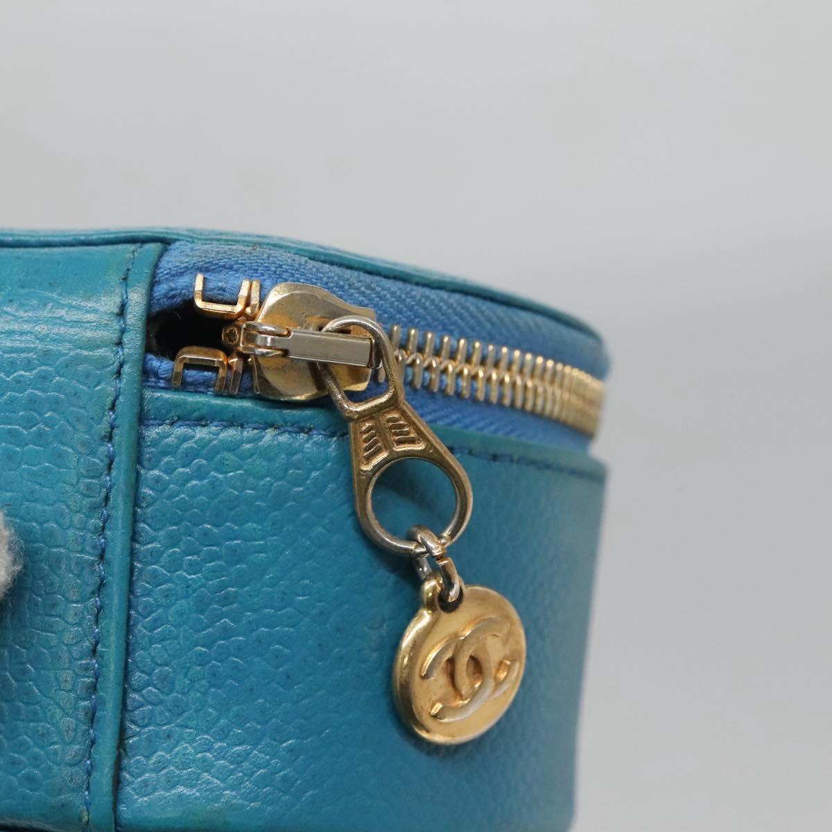 CHANEL Jewelry Case Caviar Skin Blue Gold CC Auth 136451
