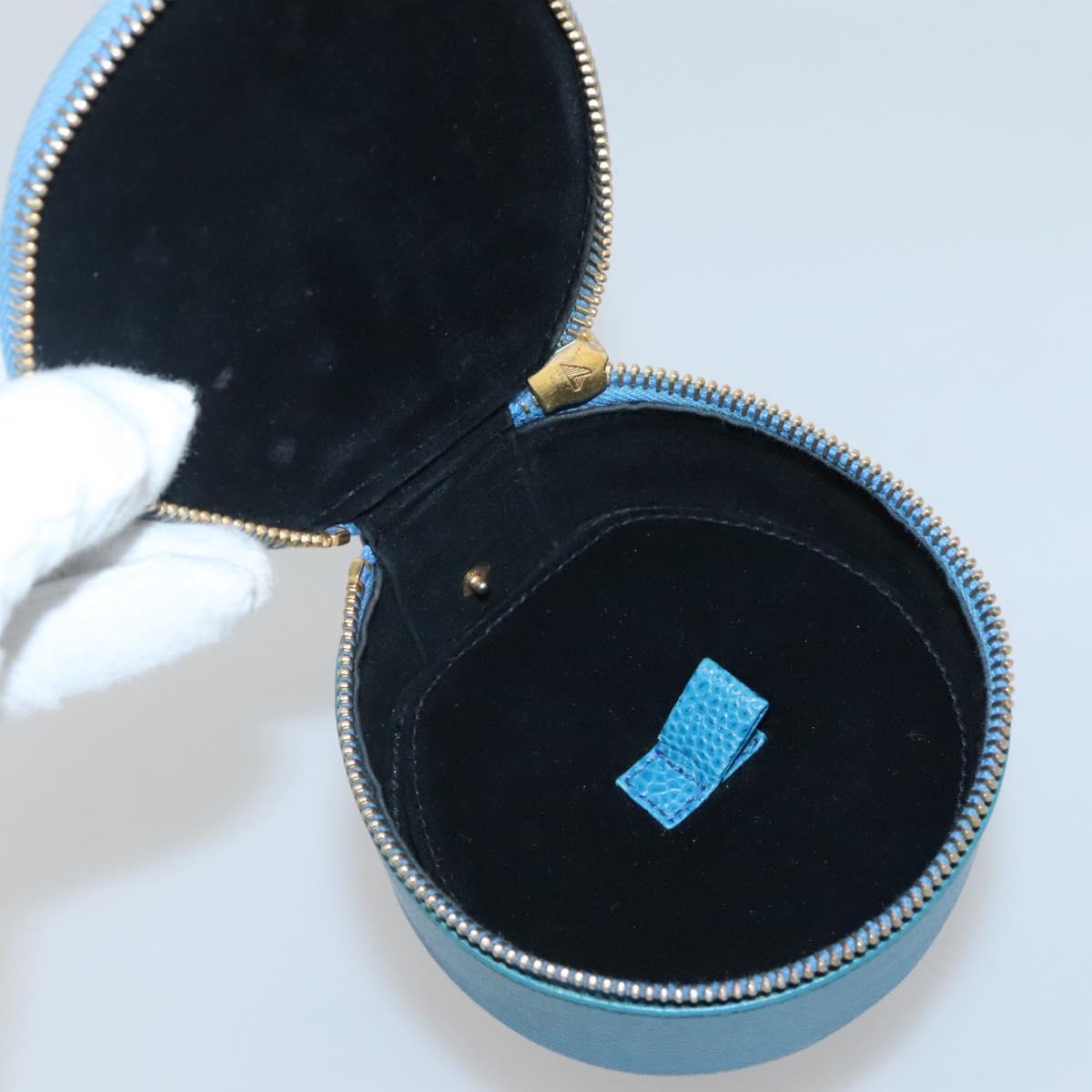 CHANEL Jewelry Case Caviar Skin Blue Gold CC Auth 136451