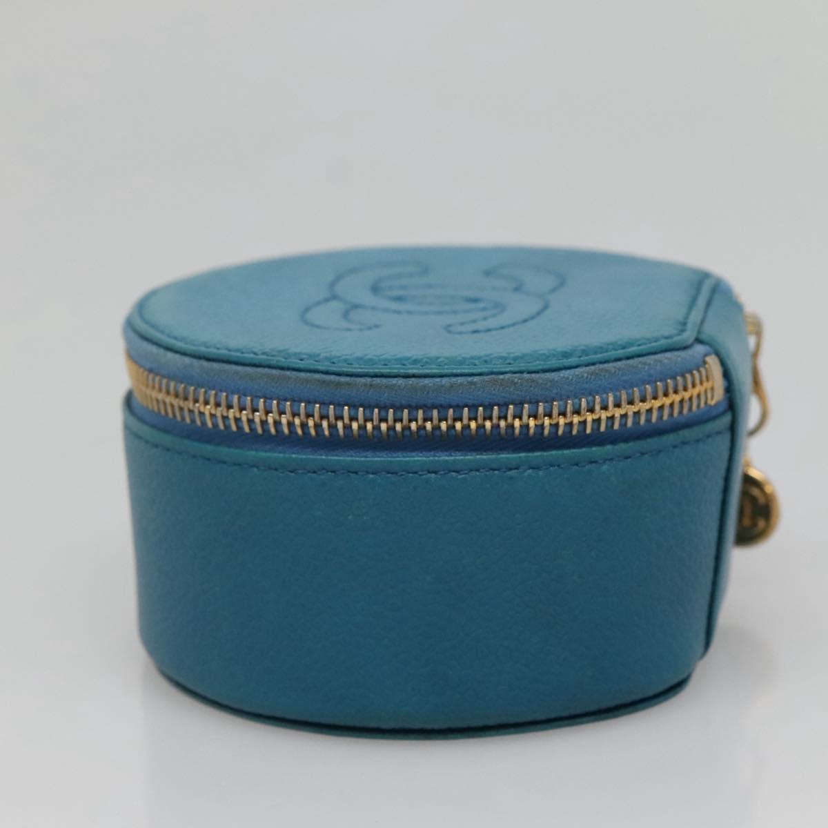 CHANEL Jewelry Case Caviar Skin Blue Gold CC Auth 136451