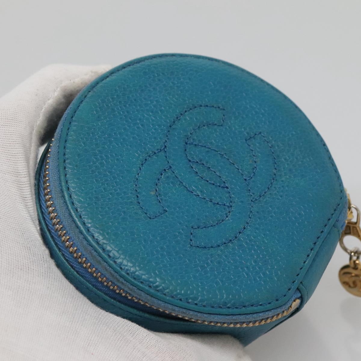 CHANEL Jewelry Case Caviar Skin Blue Gold CC Auth 136451