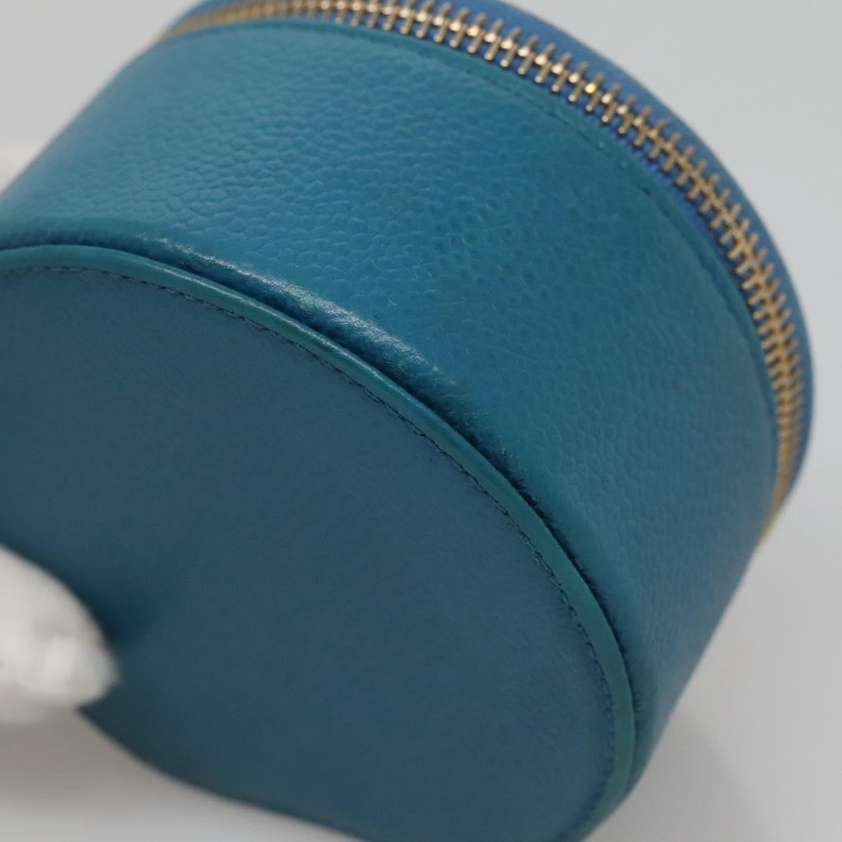 CHANEL Jewelry Case Caviar Skin Blue Gold CC Auth 136451