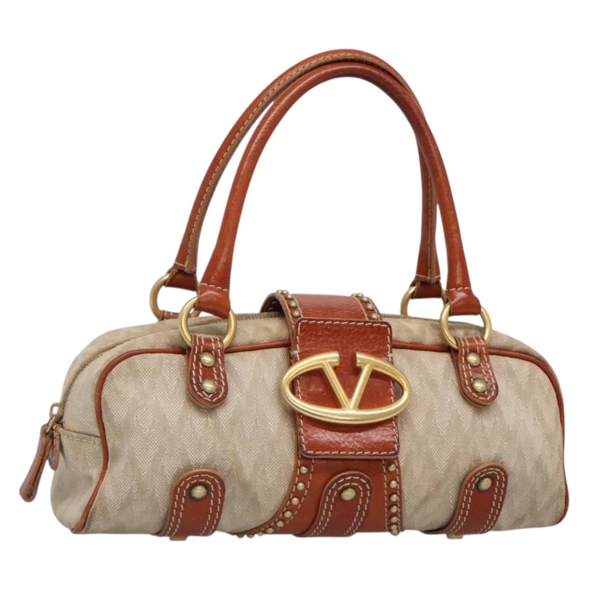 VALENTINO Hand Bag Canvas Gold Beige Auth 136492