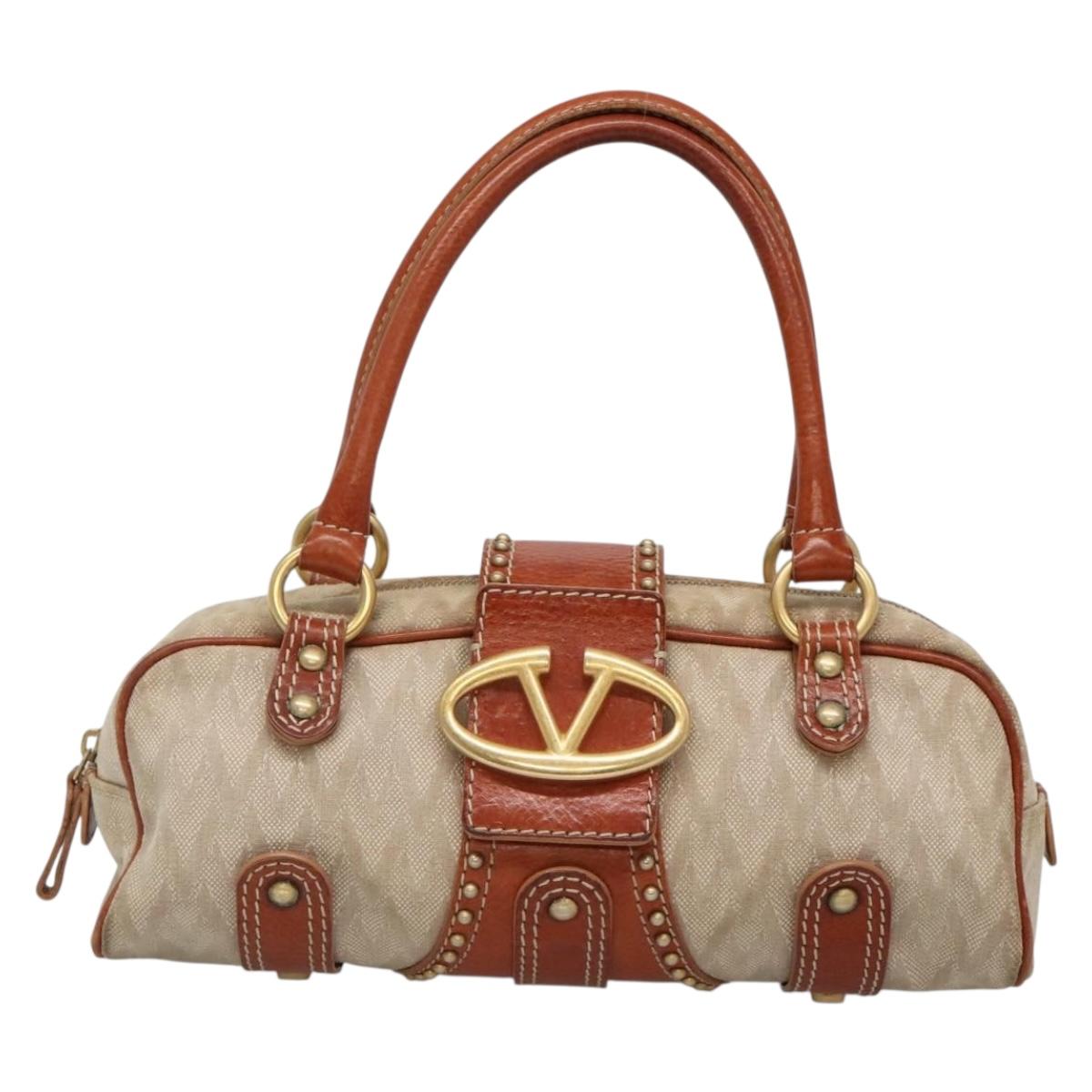 VALENTINO Hand Bag Canvas Gold Beige Auth 136492