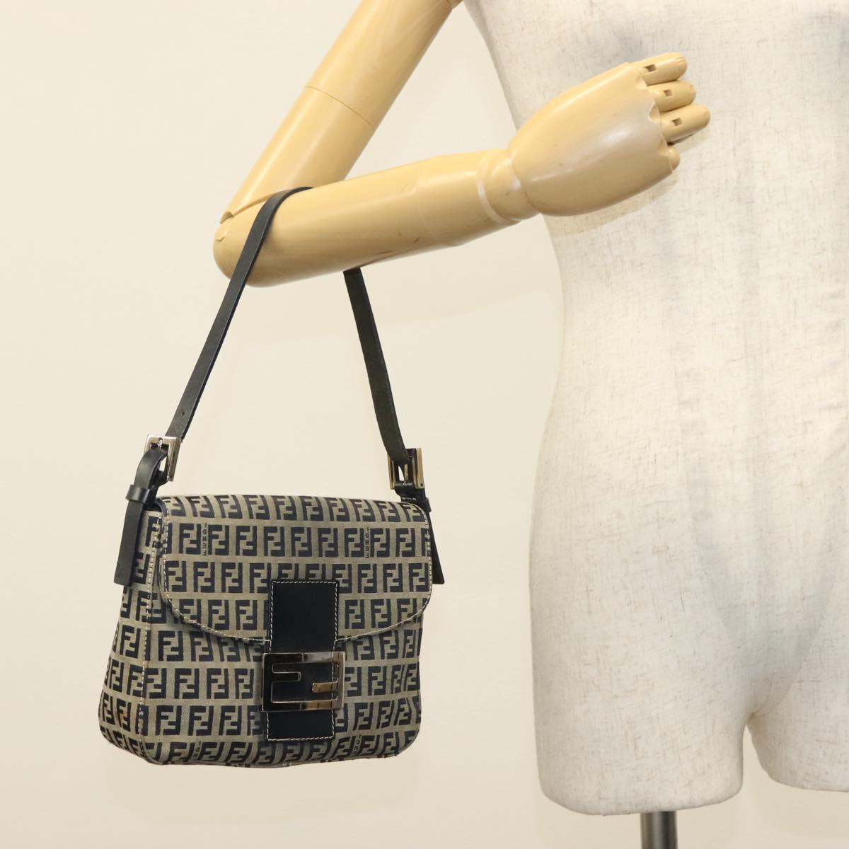 FENDI Zucchino Canvas Mamma Baguette Shoulder Bag Navy Silver Auth 136494