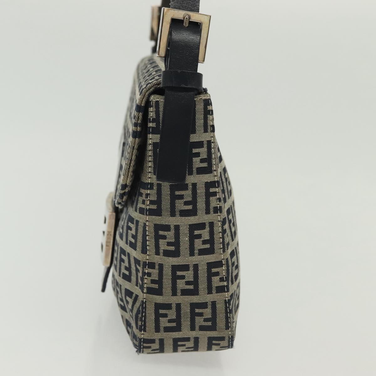 FENDI Zucchino Canvas Mamma Baguette Shoulder Bag Navy Silver Auth 136494