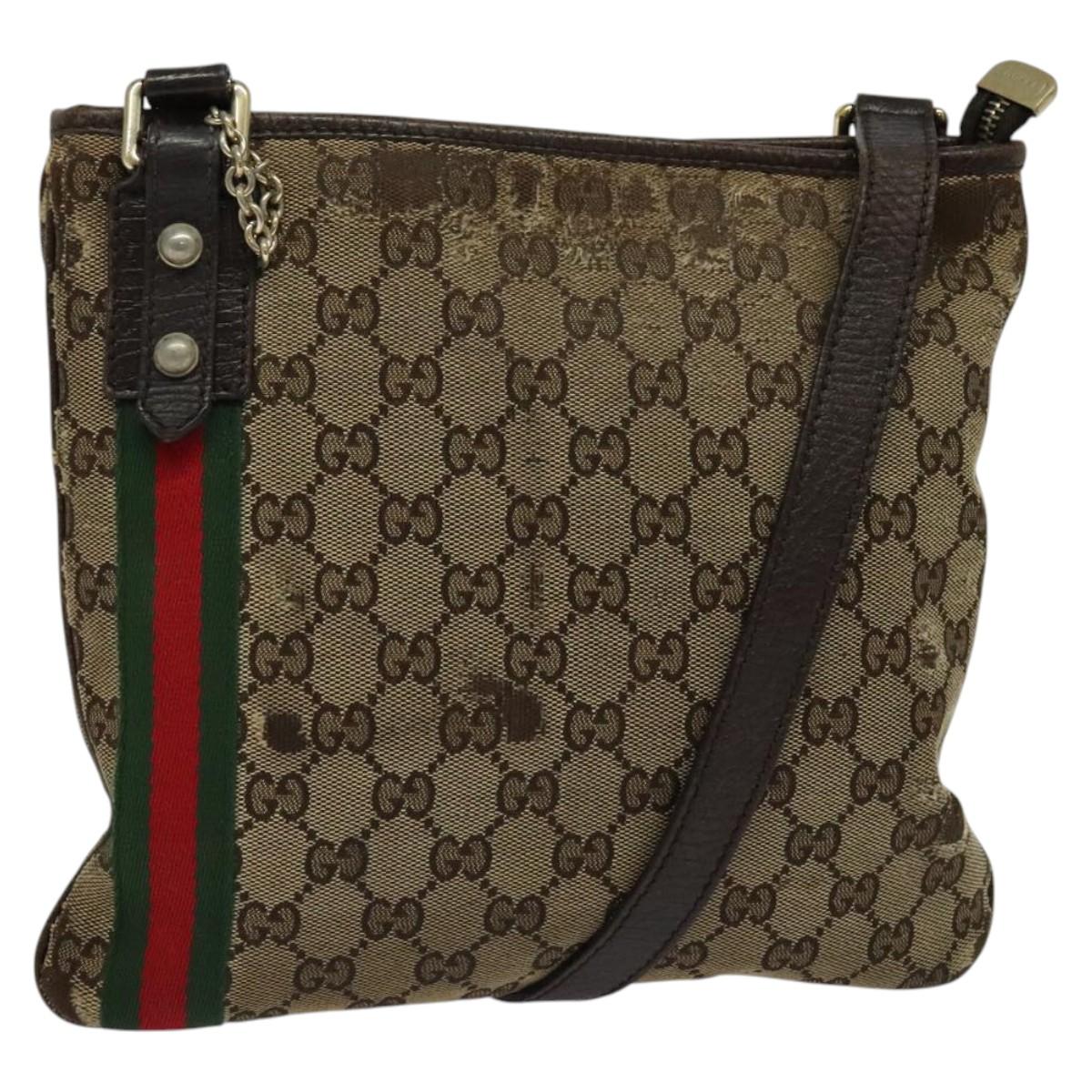 GUCCI GG Canvas Web Sherry Line Shoulder Bag Beige Gold Red 144388 Auth 136530