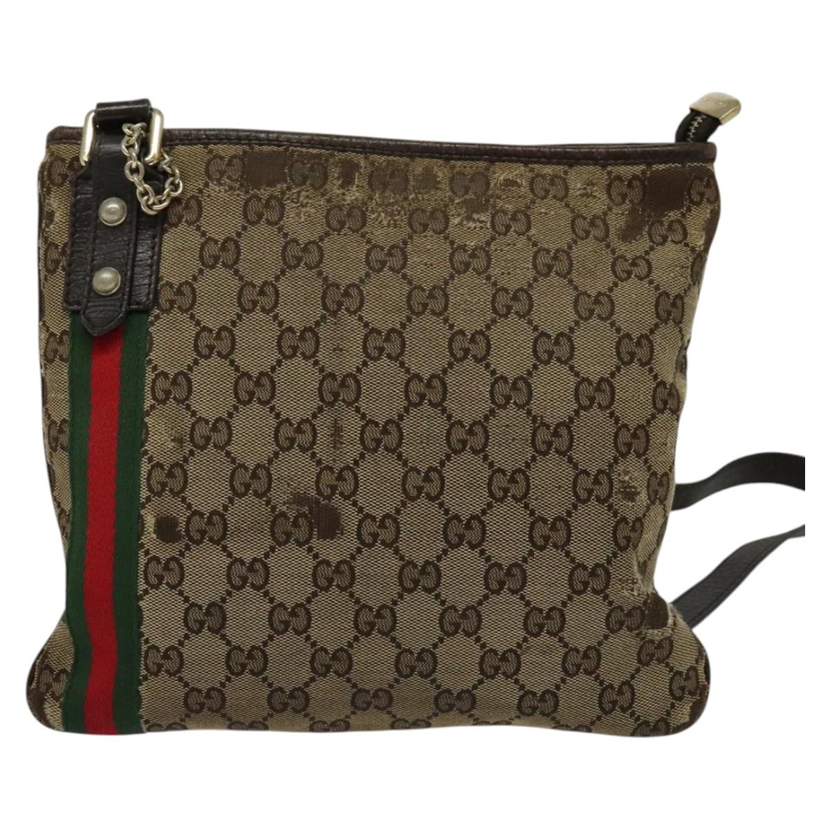 GUCCI GG Canvas Web Sherry Line Shoulder Bag Beige Gold Red 144388 Auth 136530