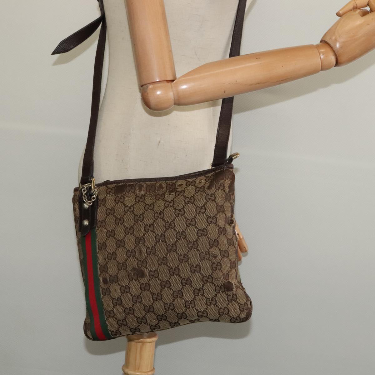 GUCCI GG Canvas Web Sherry Line Shoulder Bag Beige Gold Red 144388 Auth 136530