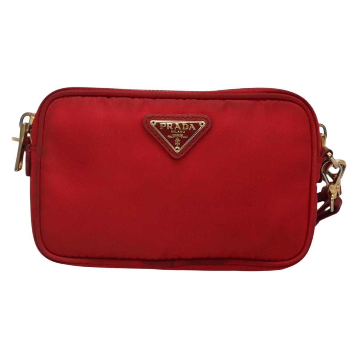 PRADA Shoulder Bag Nylon Red Gold Auth 136649