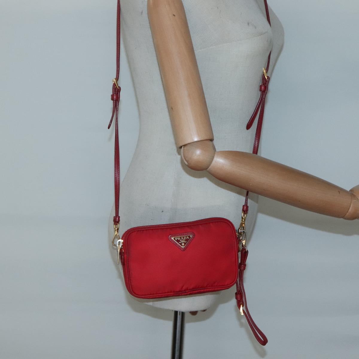 PRADA Shoulder Bag Nylon Red Gold Auth 136649