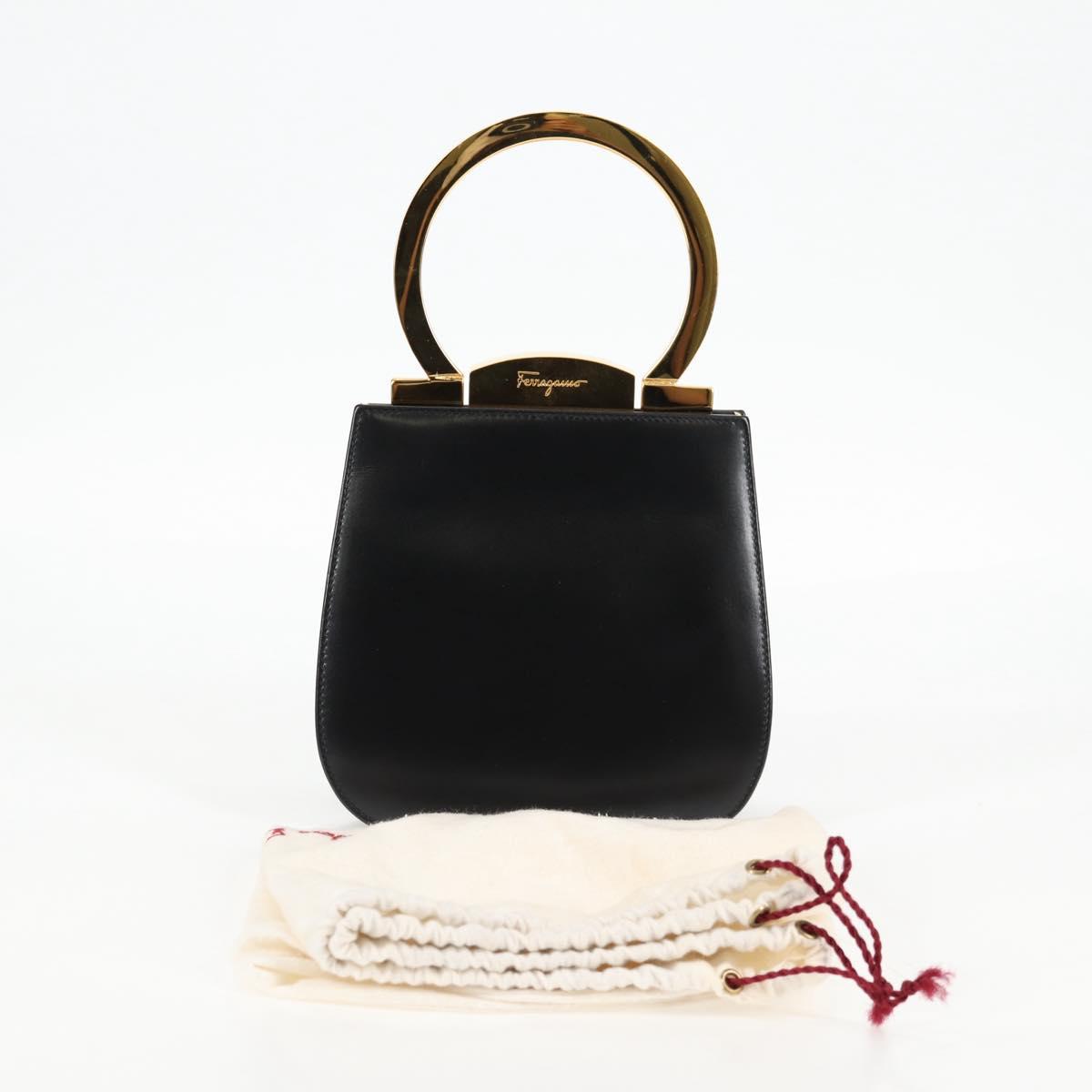 Salvatore Ferragamo Gancini Hand Bag Leather Black Gold Auth 136667V