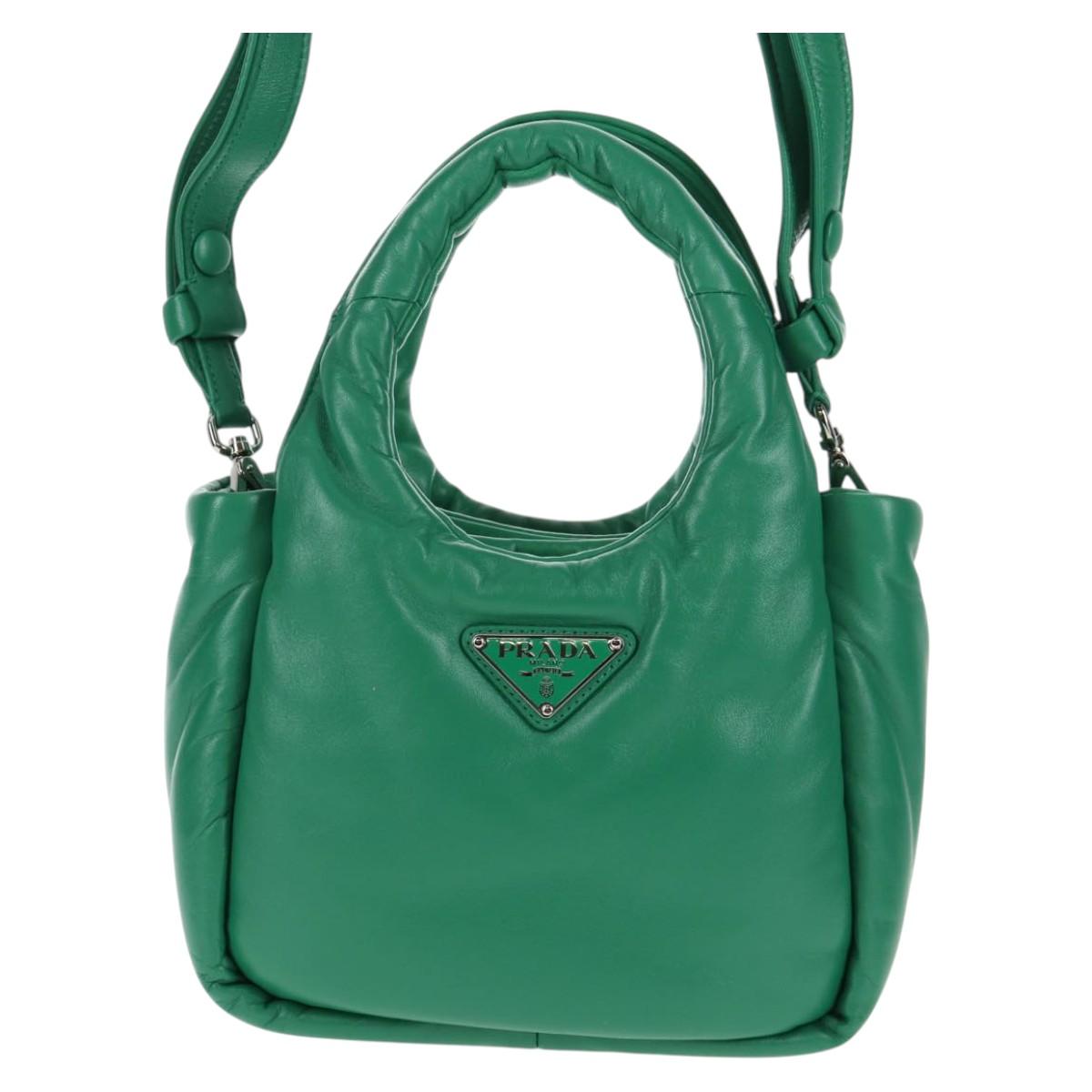 PRADA Hand Bag Leather 2way Green Silver Auth 136732M