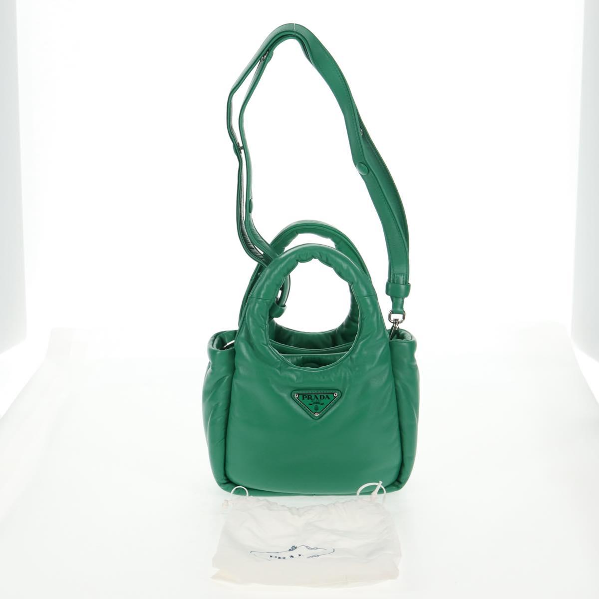 PRADA Hand Bag Leather 2way Green Silver Auth 136732SAM