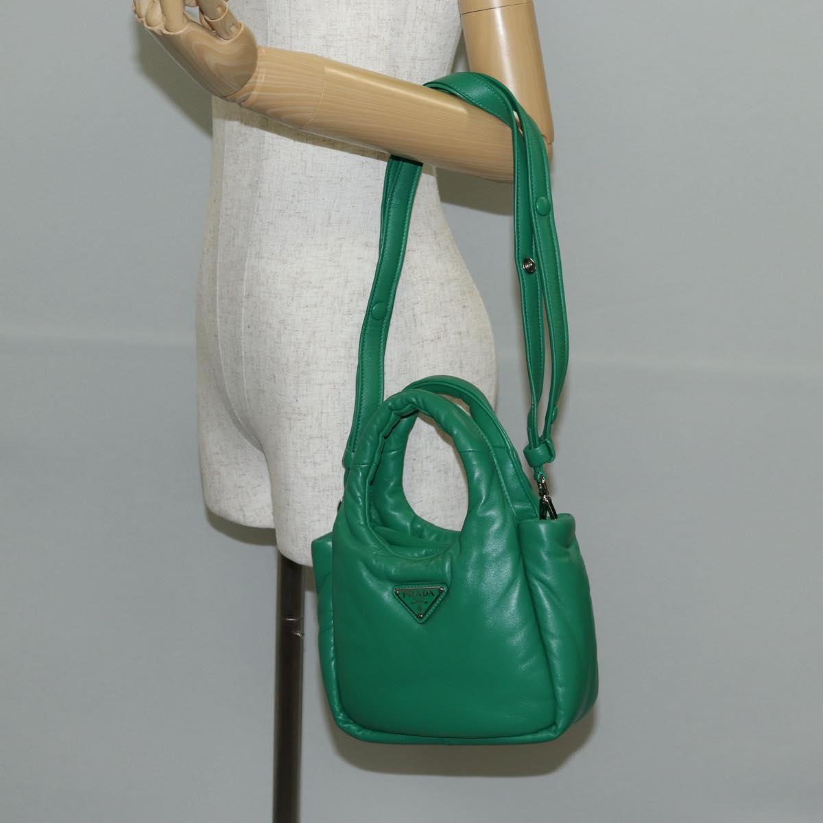 PRADA Hand Bag Leather 2way Green Silver Auth 136732M