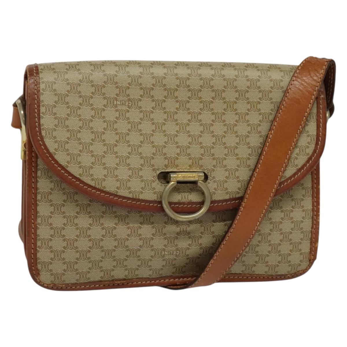 CELINE Macadam Canvas Shoulder Bag PVC Beige Gold Auth 136803