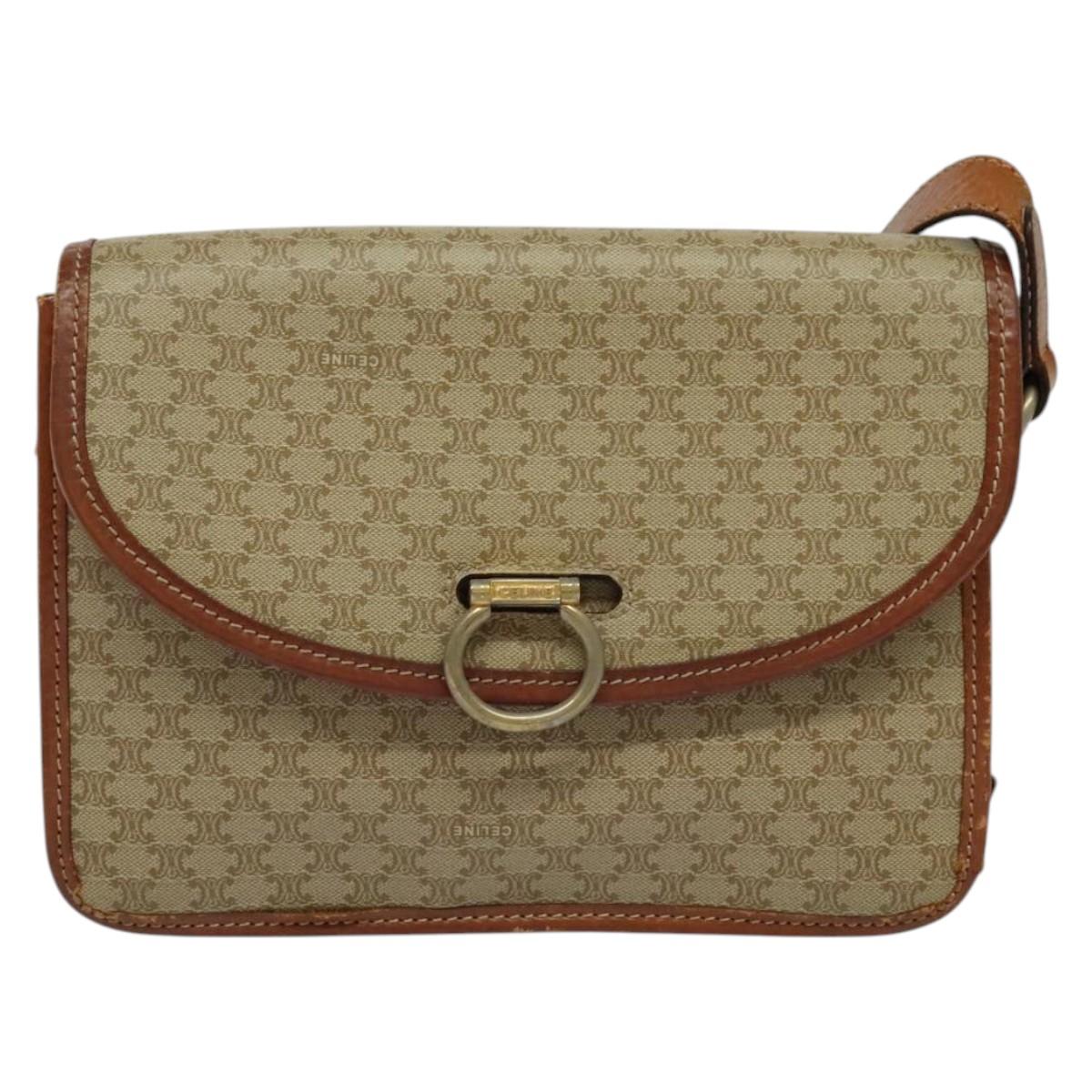 CELINE Macadam Canvas Shoulder Bag PVC Beige Gold Auth 136803