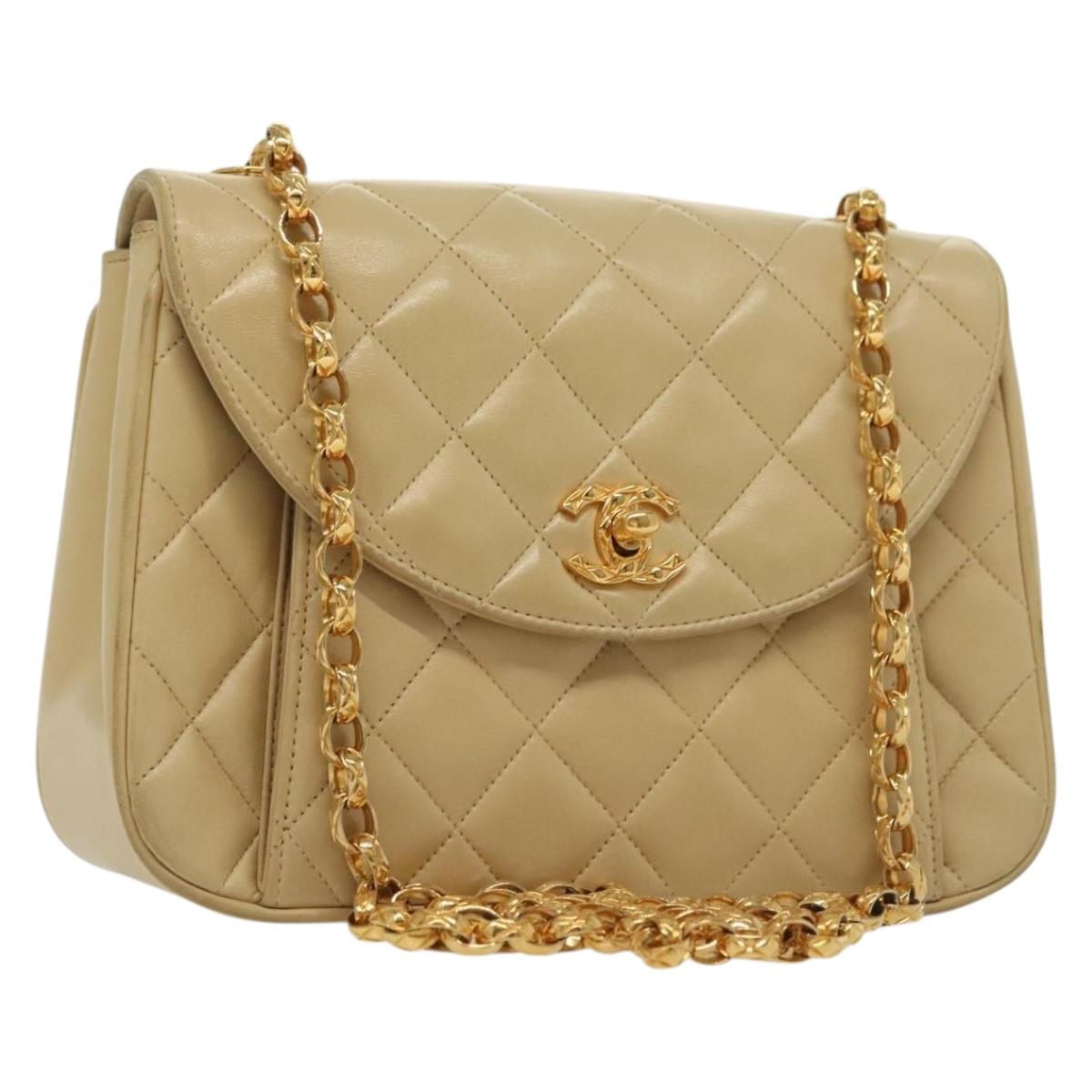 CHANEL Chain Shoulder Bag Lamb Skin Beige Gold CC Auth 136820