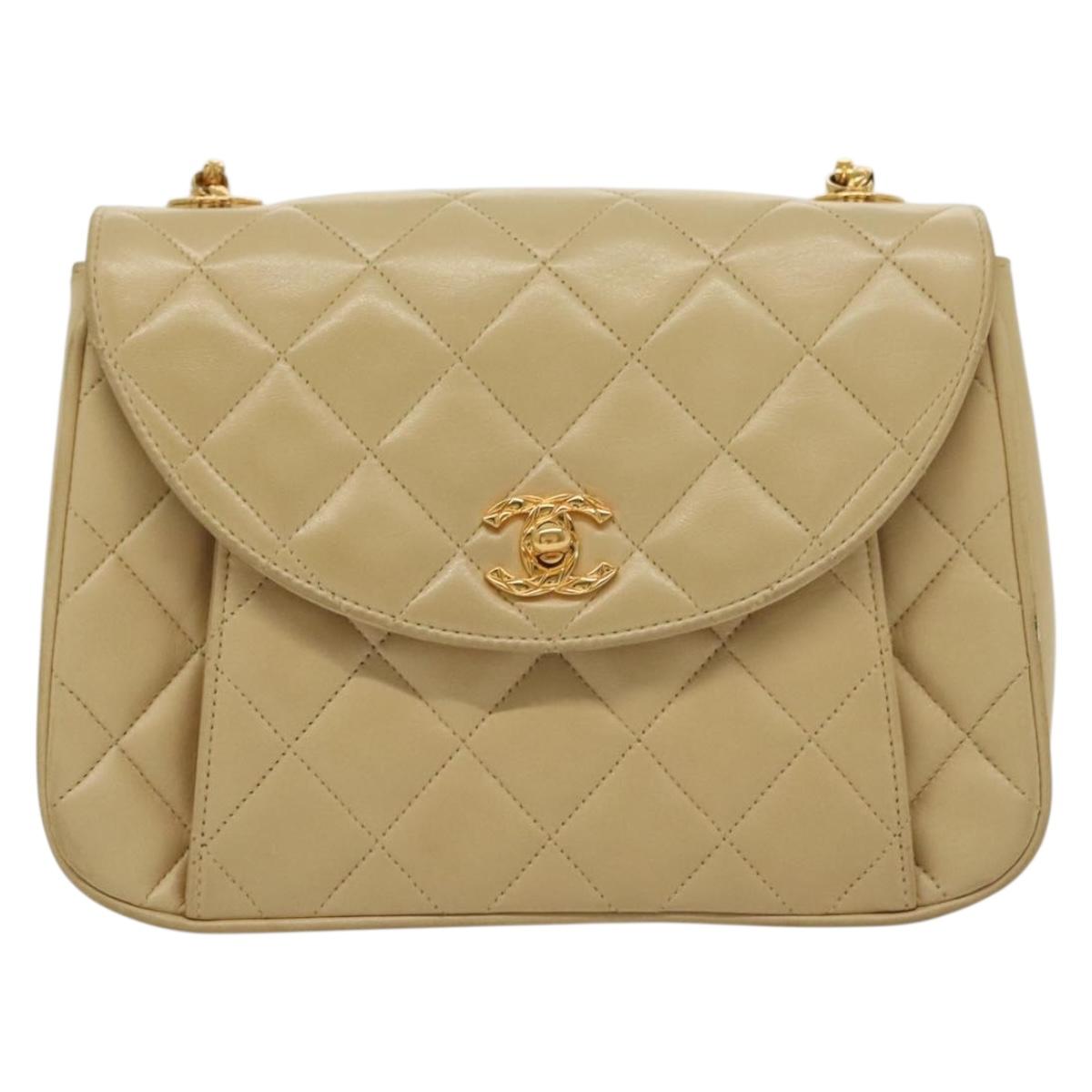 CHANEL Chain Shoulder Bag Lamb Skin Beige Gold CC Auth 136820