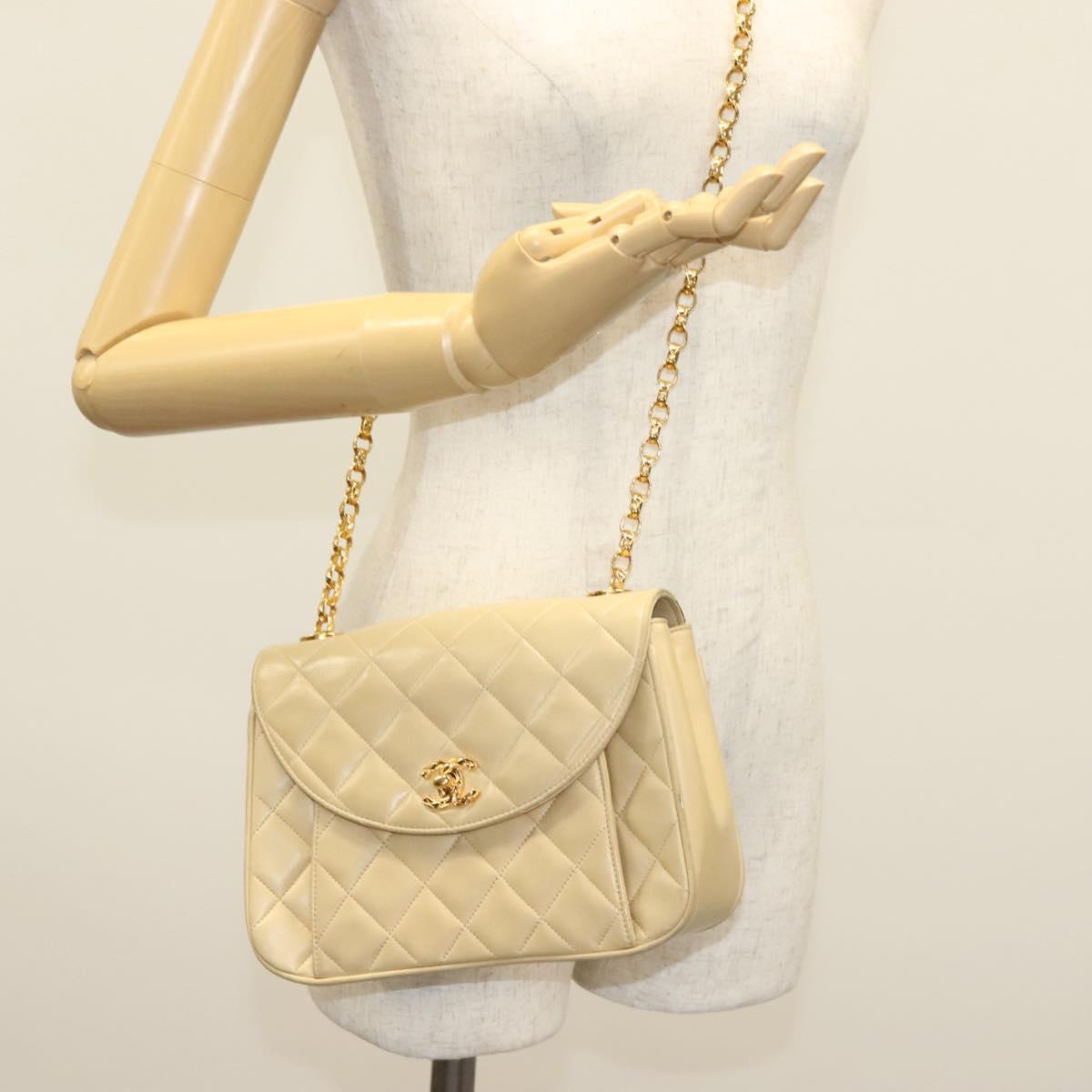 CHANEL Chain Shoulder Bag Lamb Skin Beige Gold CC Auth 136820