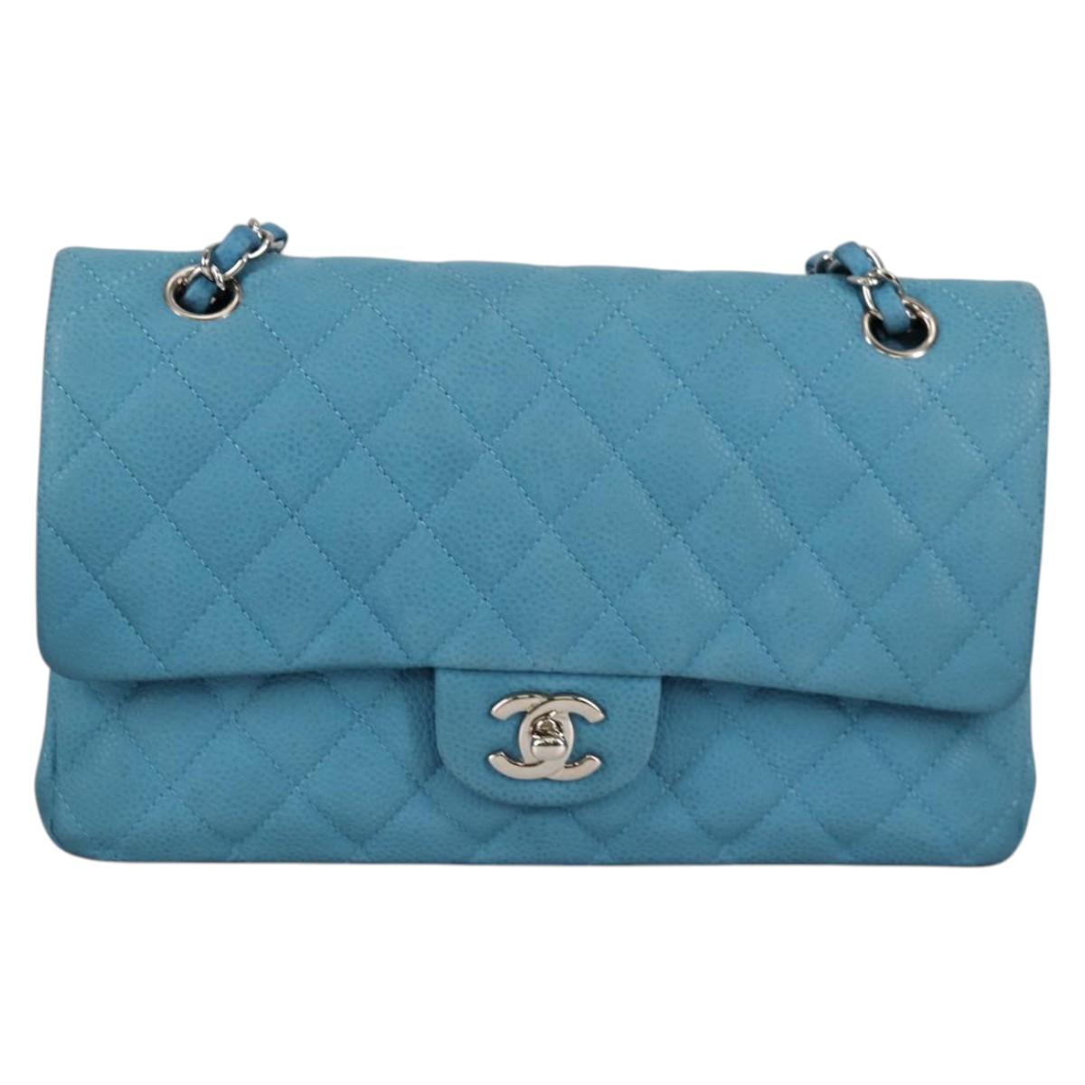 CHANEL Matelasse 25 Double Flap Chain Bag Caviar Skin Blue CC Auth 136821M