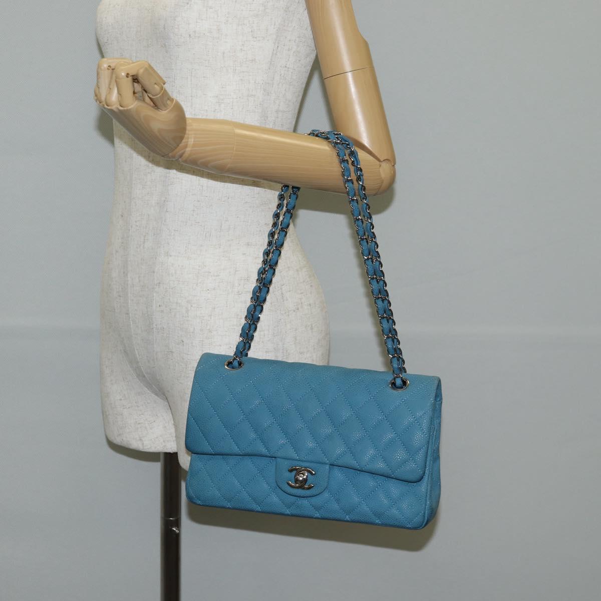 CHANEL Matelasse 25 Double Flap Chain Bag Caviar Skin Blue CC Auth 136821M