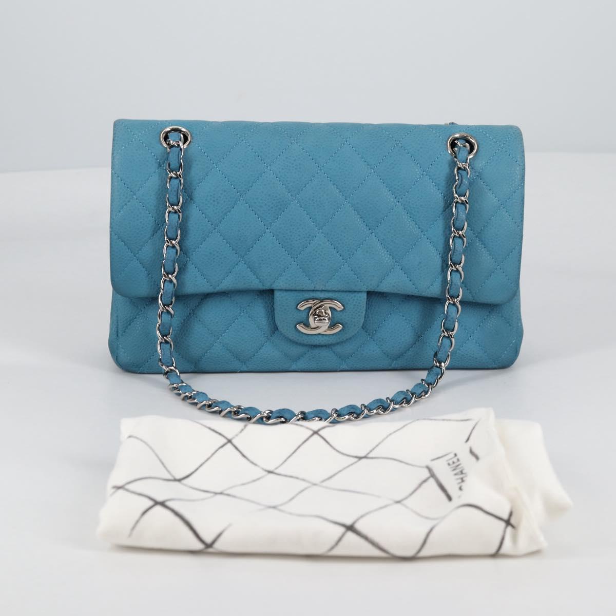 CHANEL Matelasse 25 Double Flap Chain Bag Caviar Skin Blue CC Auth 136821M