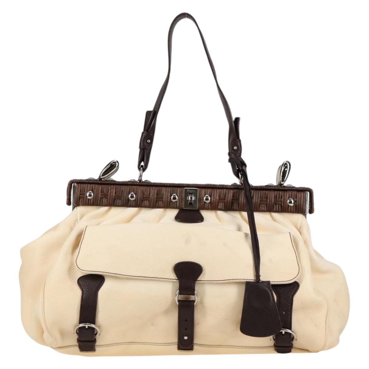 Salvatore Ferragamo Gancini Hand Bag Leather Ivory Silver Auth 136857