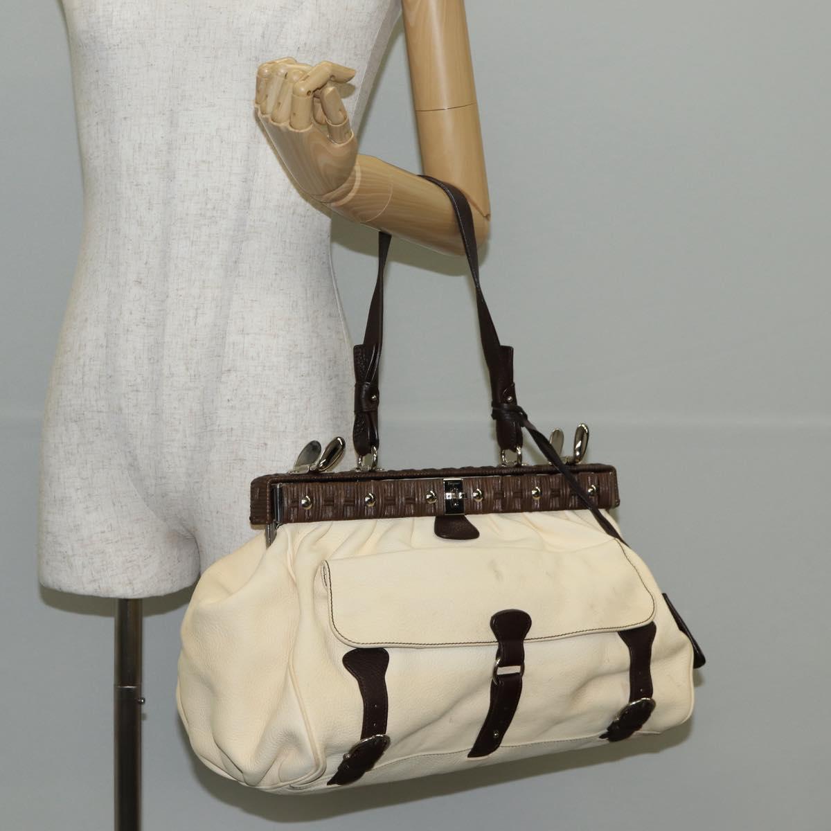 Salvatore Ferragamo Gancini Hand Bag Leather Ivory Silver Auth 136857