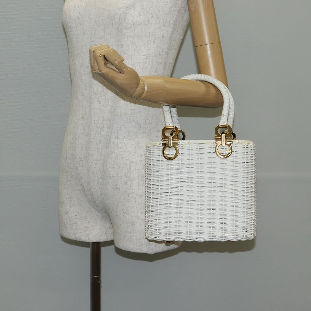 Salvatore Ferragamo Gancini Hand Bag Raffia White Gold Auth 136858V