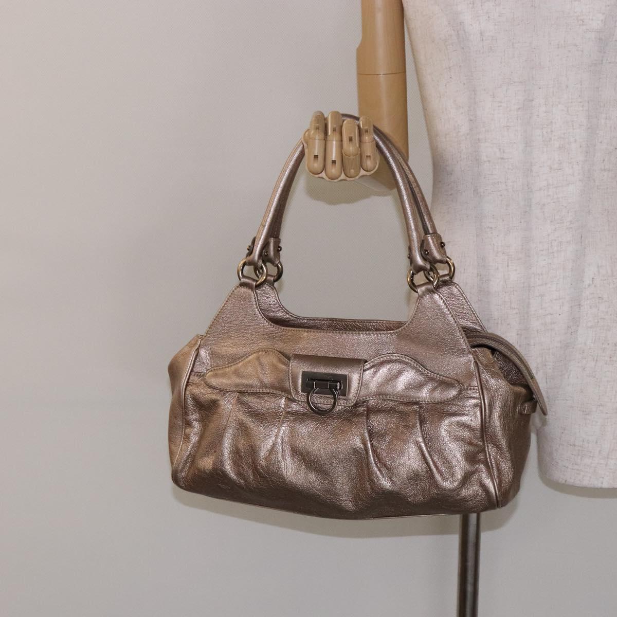 Salvatore Ferragamo Gancini Hand Bag Leather Gold Auth 136922