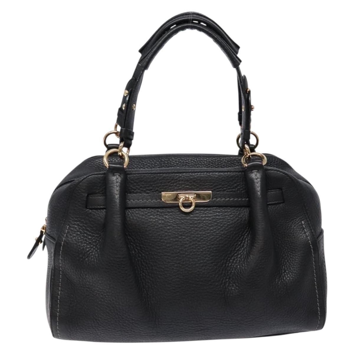 Salvatore Ferragamo Gancini Hand Bag Leather Black Gold Auth 136973