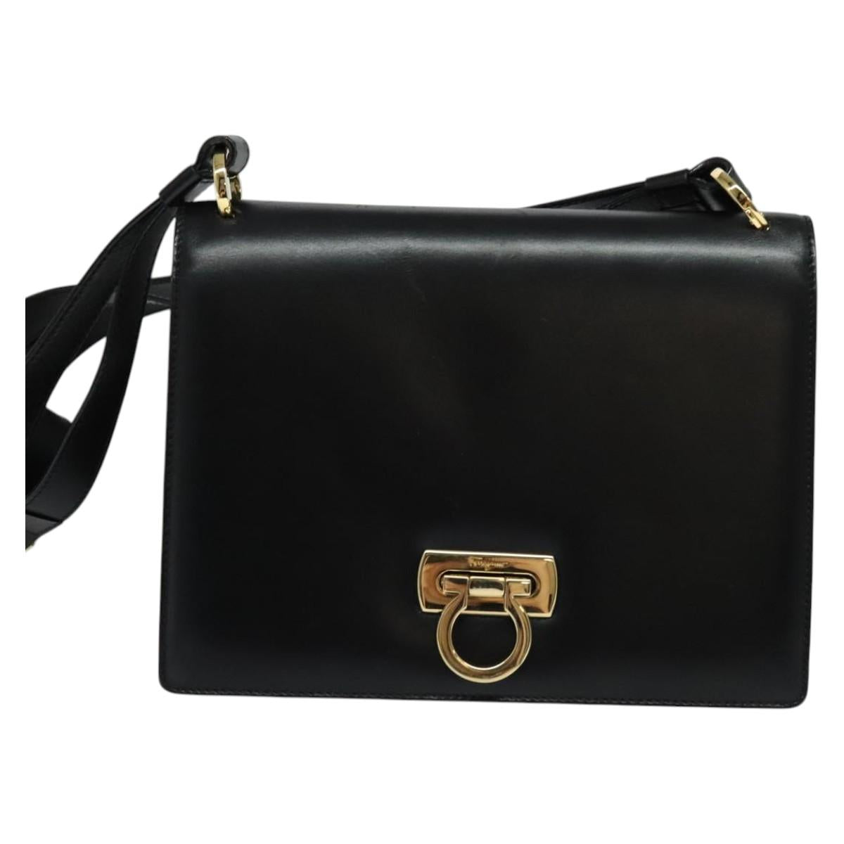 Salvatore Ferragamo Gancini Shoulder Bag Leather Black Gold Auth 137001