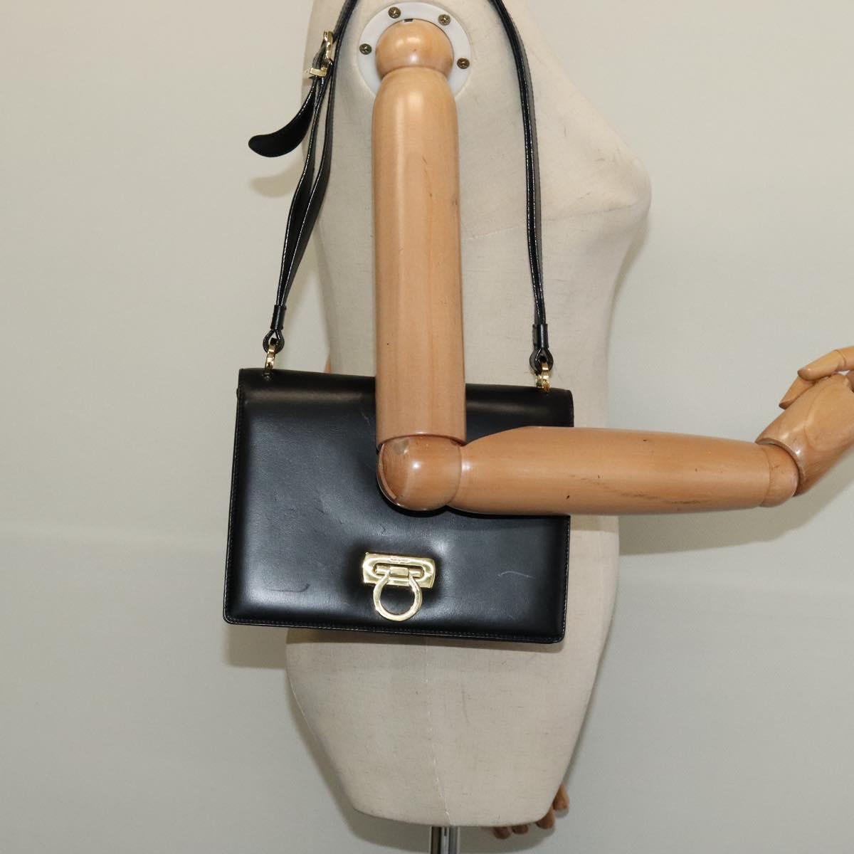 Salvatore Ferragamo Gancini Shoulder Bag Leather Black Gold Auth 137001