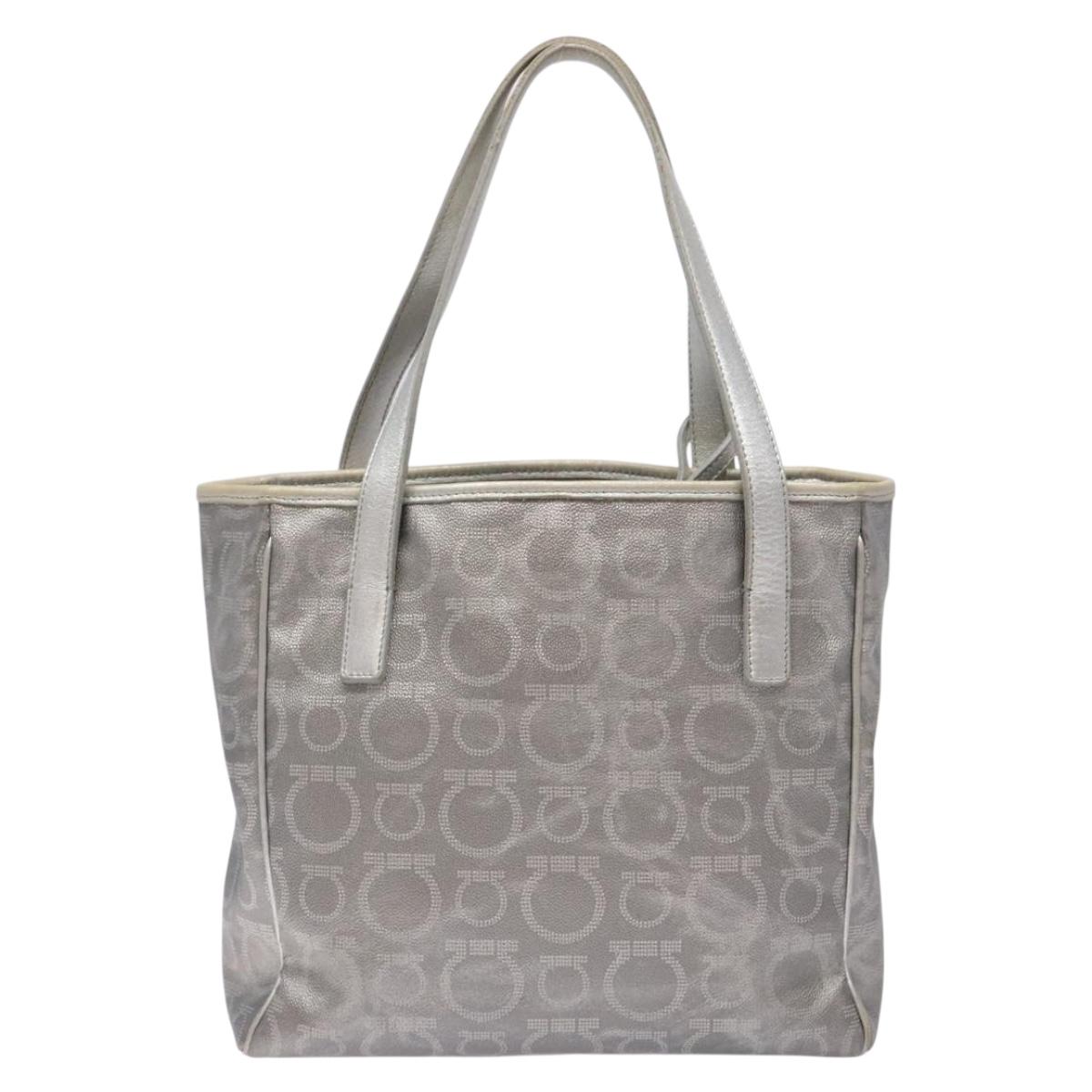 Salvatore Ferragamo Gancini Tote Bag Leather Silver Auth 137002