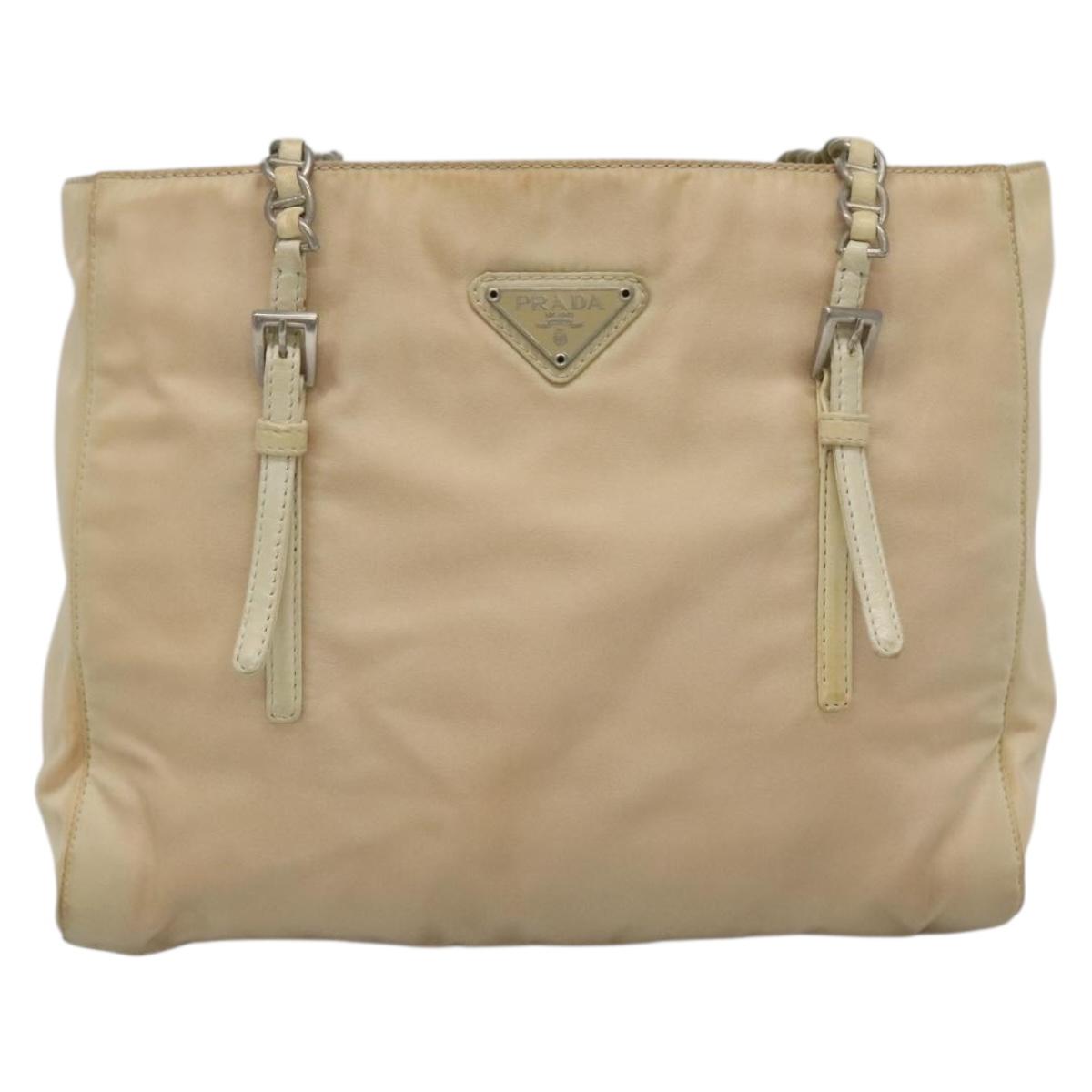 PRADA Chain Shoulder Bag Nylon Ivory Silver Auth 137031